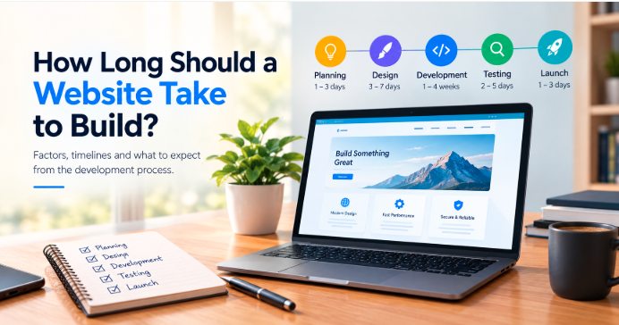 How long should a website take to build? A visual guide to website development timelines, including planning, design, development, testing, and launch.